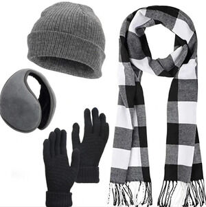 Scarf and Gloves Set - Knitted Winter Warmer Set, Winter Gloves Plaid Scarf Bean